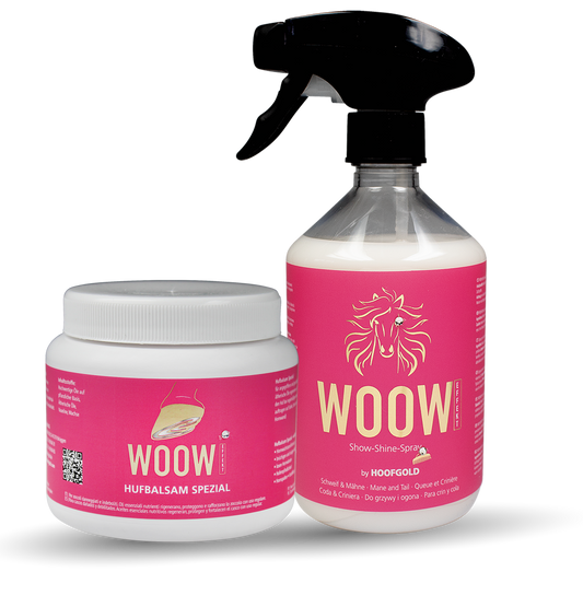 WOOW Pflegekombi "Hair & Hoof" - Hufbalsam Spezial „Pink“ 500 ml & Show-Shine Spray 500 ml